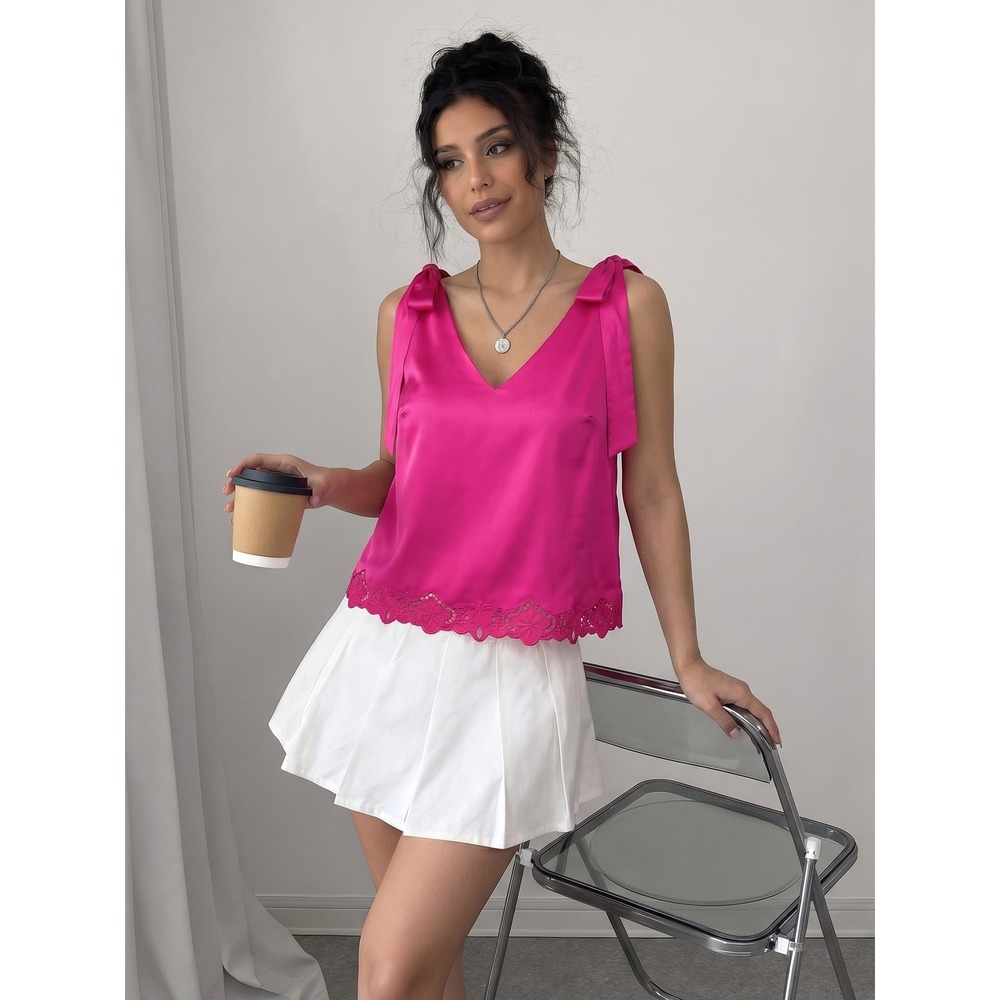 Ted Baker London Daynaa Fuchsia Pink Tie Shoulder‎ Eyelet Hem Top Size US 4 UK 1